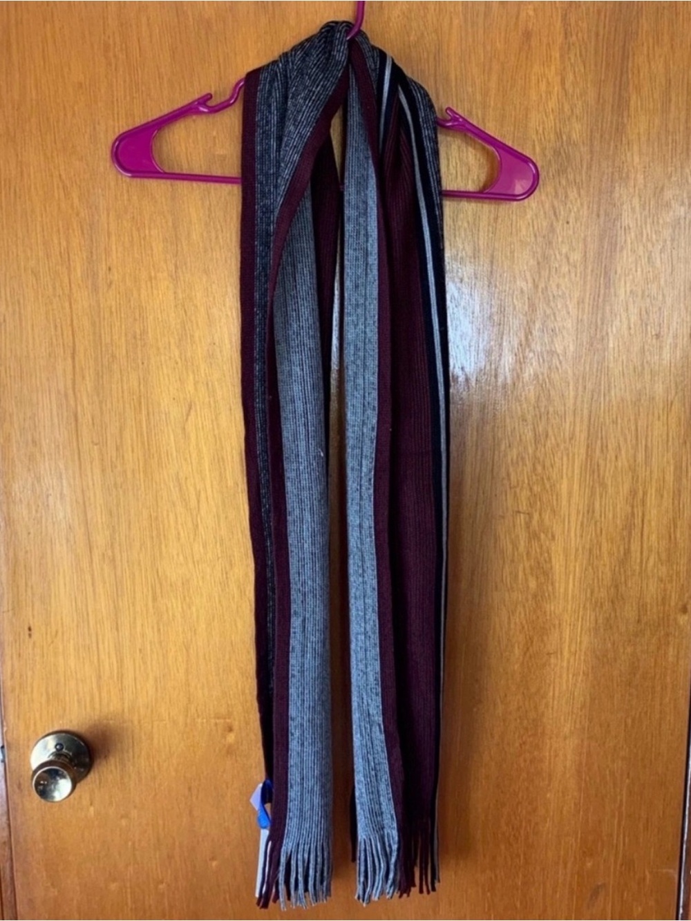 Men's Striped Knit Scarf in Gray and Dark Red